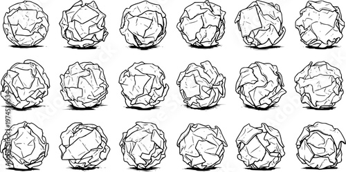 Crumpled Paper Balls Black and White Line Art Vector Illustration Set for Office, Education, Business, and Creative Brainstorming Concepts
