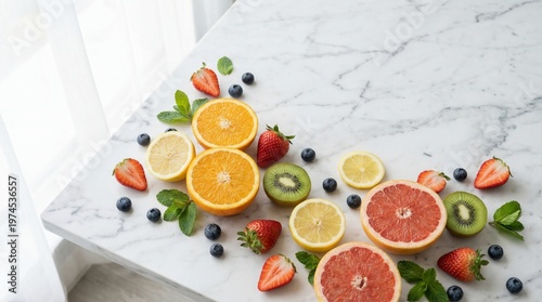 Fresh & Natural: Colorful Fruit Arrangement on a Minimalist White Surface