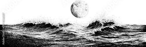 Ocean waves rolling beneath sun on white background