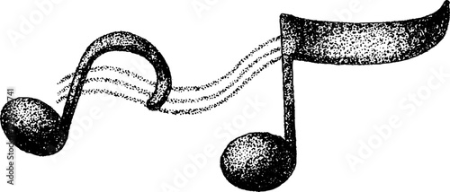 Musical notes flowing with motion lines on white background