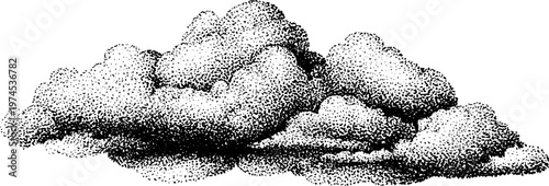 Cluster of stippled clouds floating over white background