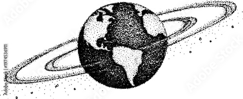 Earth globe rotating with ring particles in space
