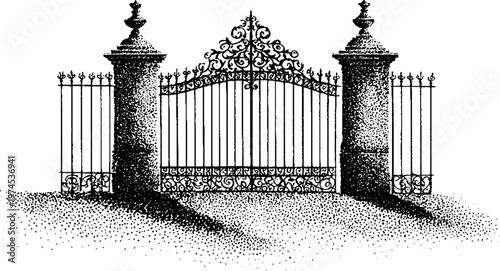 Wrought iron entrance gate between stone pillars on ground