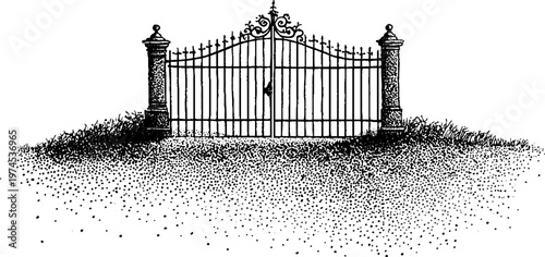 Ornamental wrought iron gate standing on grassy ground
