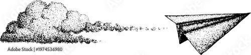 Paper airplane flying beside dotted smoke cloud on white background