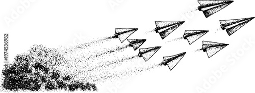 Paper planes flying in formation over white background
