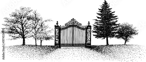 Ornamental gate flanked by trees in open landscape