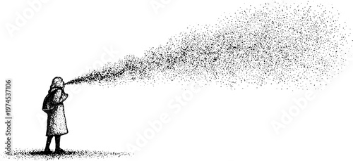 Person wearing coat blowing particulate spray across white field