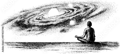 Person meditating facing spiral galaxy over horizon