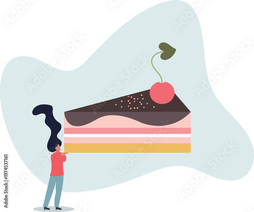 Unhealthy food nutrition. Weight loss diet, balanced healthy products.young woman with a piece of cake.person's life situation and his activities.