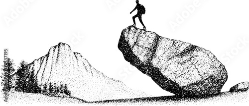 Hiker standing on edge of large boulder in mountain landscape