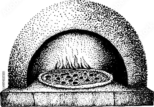 Pizza baking inside stone oven with visible flames