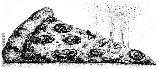 Pizza slice with stretching cheese and pepperoni on plain background