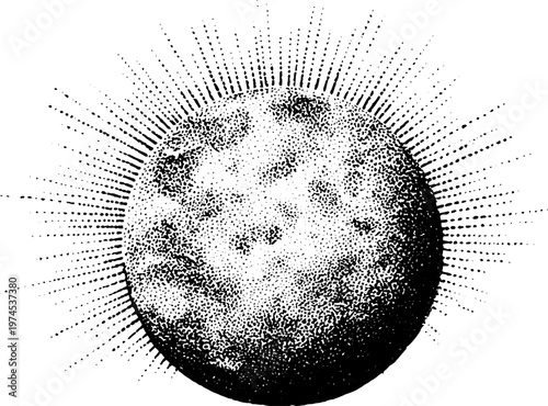 Textured planet or moon illustration radiating dotted light rays