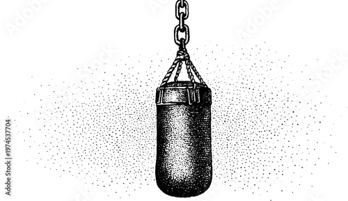 Heavy punching bag suspended by metal chain in empty studio