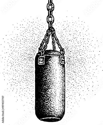 Large heavy punching bag hanging from chain in gym interior