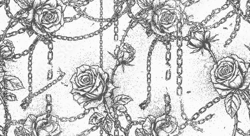 Gothic Rose and Chain Pattern - Dark Floral, Vintage, Tattoo Style Illustration
