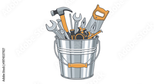 Variety of Metal Hand Tools in Galvanized Steel Bucket