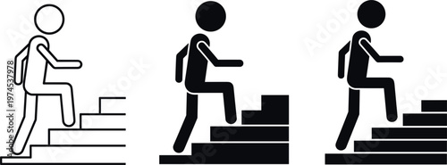 Person climbing stairs icon set with step progression and upward movement vector illustration