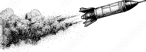 Model rocket launching with smoke trail on white background