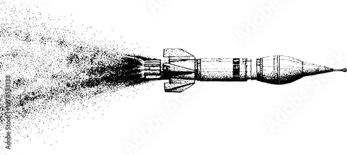 Long rocket flying with wide particulate smoke trail on white