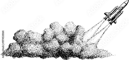 Space shuttle climbing with exhaust trails above smoke cloud