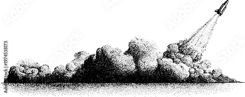 Space shuttle angling upward over low smoke cloud on ground