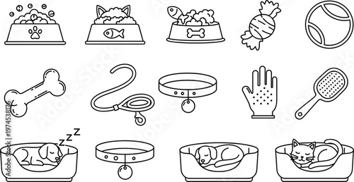 Pet care accessories vector set with food bowls, collars, toys, grooming tools and beds, minimal outline illustration collection