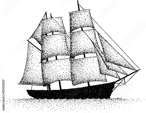 Three mast sailing ship with full square sails on sea