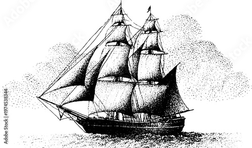 Three masted clipper ship sailing on choppy sea