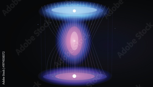 Abstract cylindrical energy field with glowing purple and blue light portals