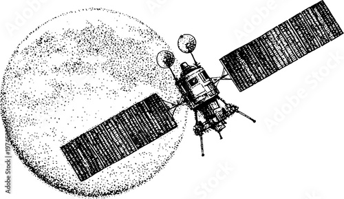 Satellite with solar panels orbiting near textured planet disk