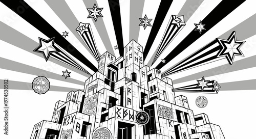 Mysterious Rune-Covered Tower with Exploding Stars and Sunburst Background