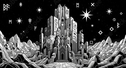 Mystical Ice Castle in Cosmic Landscape with Runes and Stars