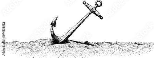 Anchor embedded in sand bed on flat coastal shoreline