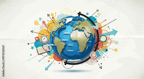 Global Education and Innovation Concept: Earth with Symbols of Learning, Travel, and Ideas
