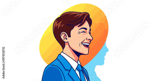 Smiling Man in Blue Suit with Yellow Abstract Background and Silhouette