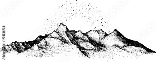 Mountain range rendered with stipple sun halo on white