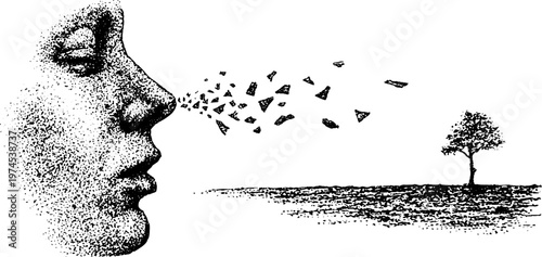 Female profile blowing fragments toward lone tree on plain