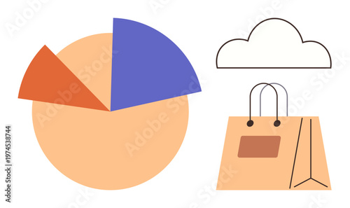 Online shopping, data analysis, digital trends, e-commerce, cloud storage, retail strategy. Features a pie chart, shopping bag and cloud icon. Online shopping and data analysis concept
