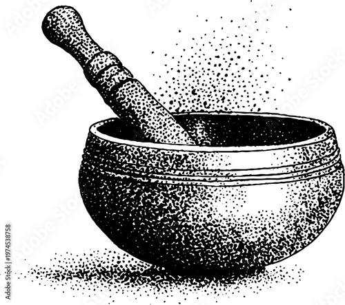 Mortar and pestle grinding herbs in kitchen setting