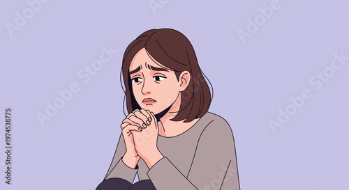 Young woman with worried expression, hands clasped, sitting alone against a pastel background.
