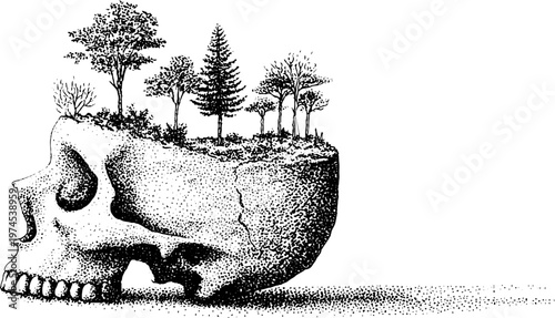 Skull with trees growing from cavity on white background