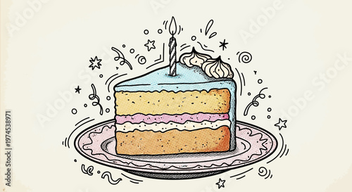 Birthday Cake Slice with Candle and Confetti, Hand-Drawn Style