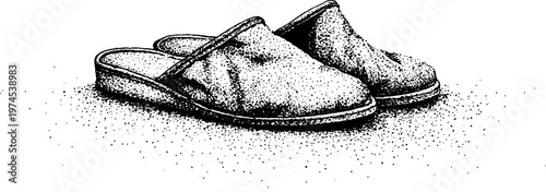 Pair of slippers resting on flat surface with dotted shading