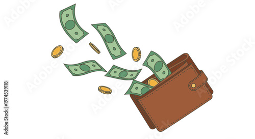 Brown leather wallet with cash and coins flying out, isolated on white background