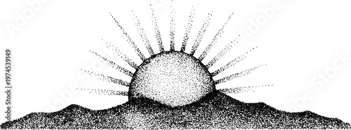 Sun rising over low hills on horizon with radiating rays