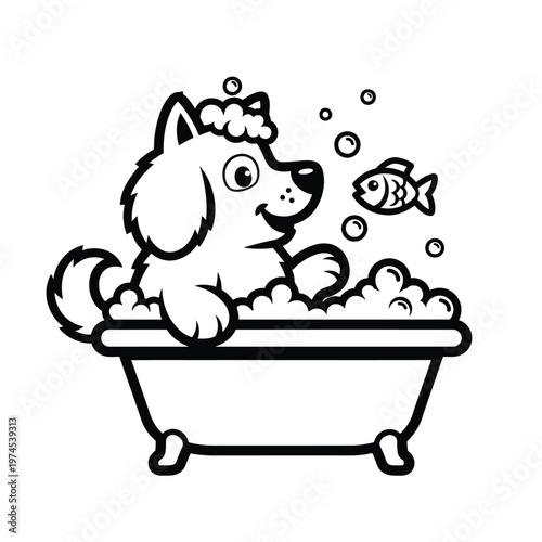 Cute dog taking a bath with fish.