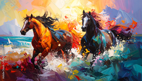 Majestic horses galloping through a surreal mystical landscape