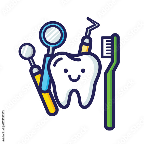 Dental care toothbrush and tools icon.
